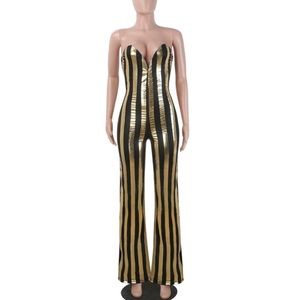 🎉NYE Women Strapless Black Gold Striped Party Jumpsuit small 🎉